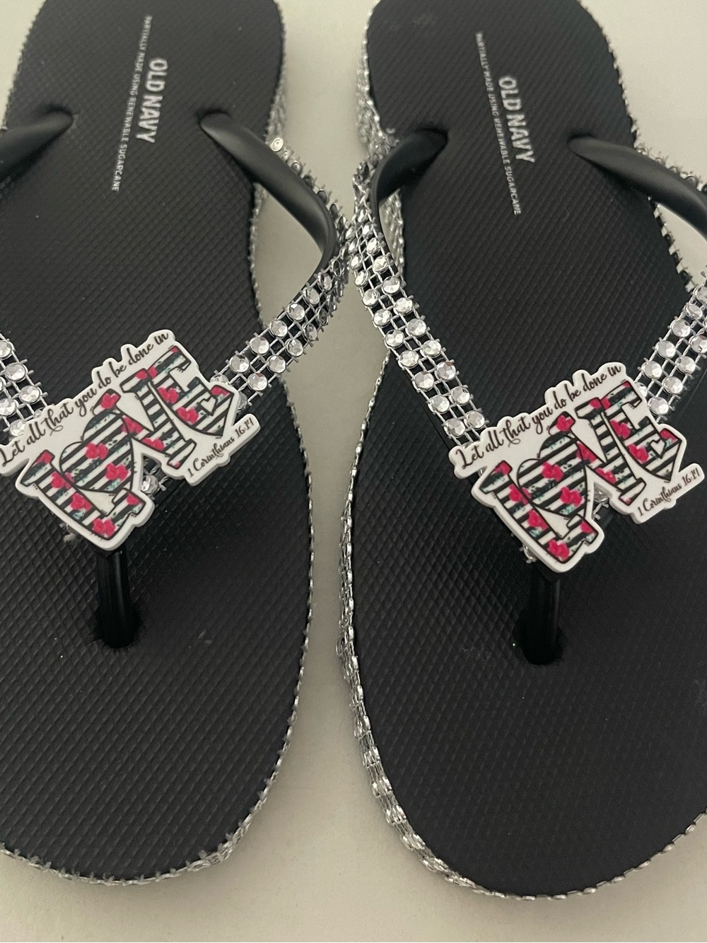 Corinthian Women's Black Jewel-Accent Flip Flop Sandals - Love Graphic